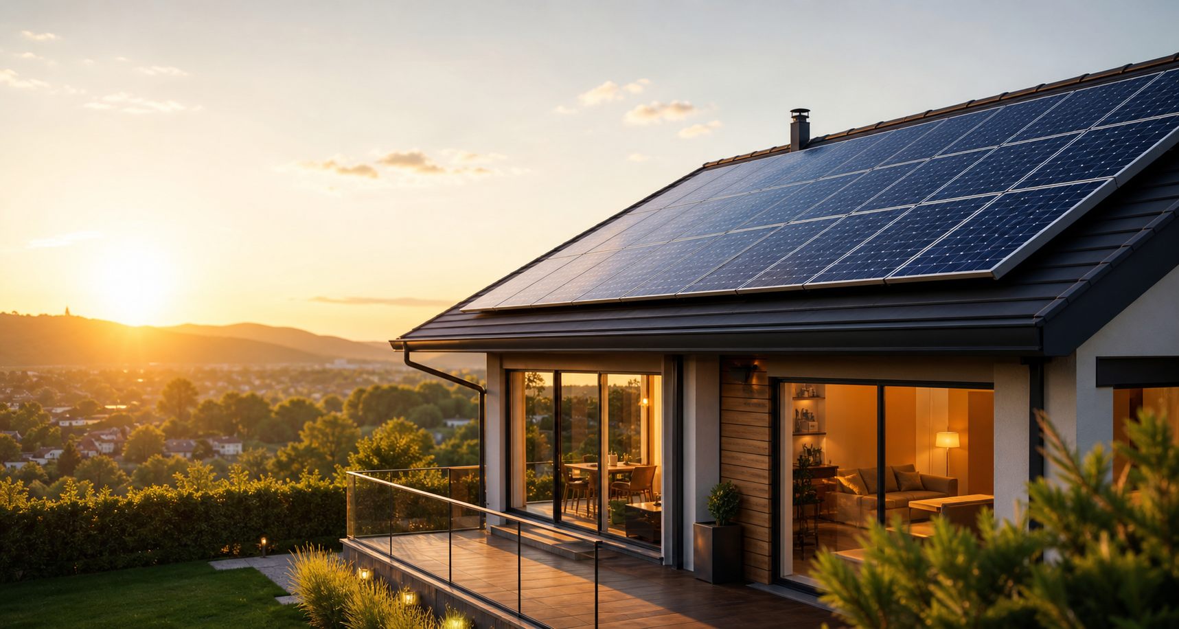 Casa moderna com placas solares no telhado ao por do sol